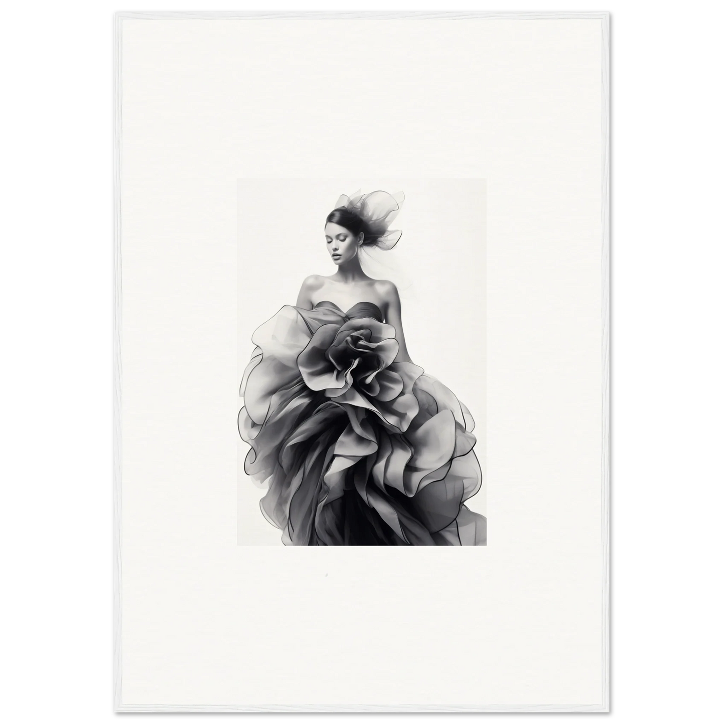 Striking black and white photo of a ruffled gown from Ephemeral Orchard Whispers