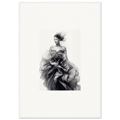 Striking black and white photo of a ruffled gown from Ephemeral Orchard Whispers