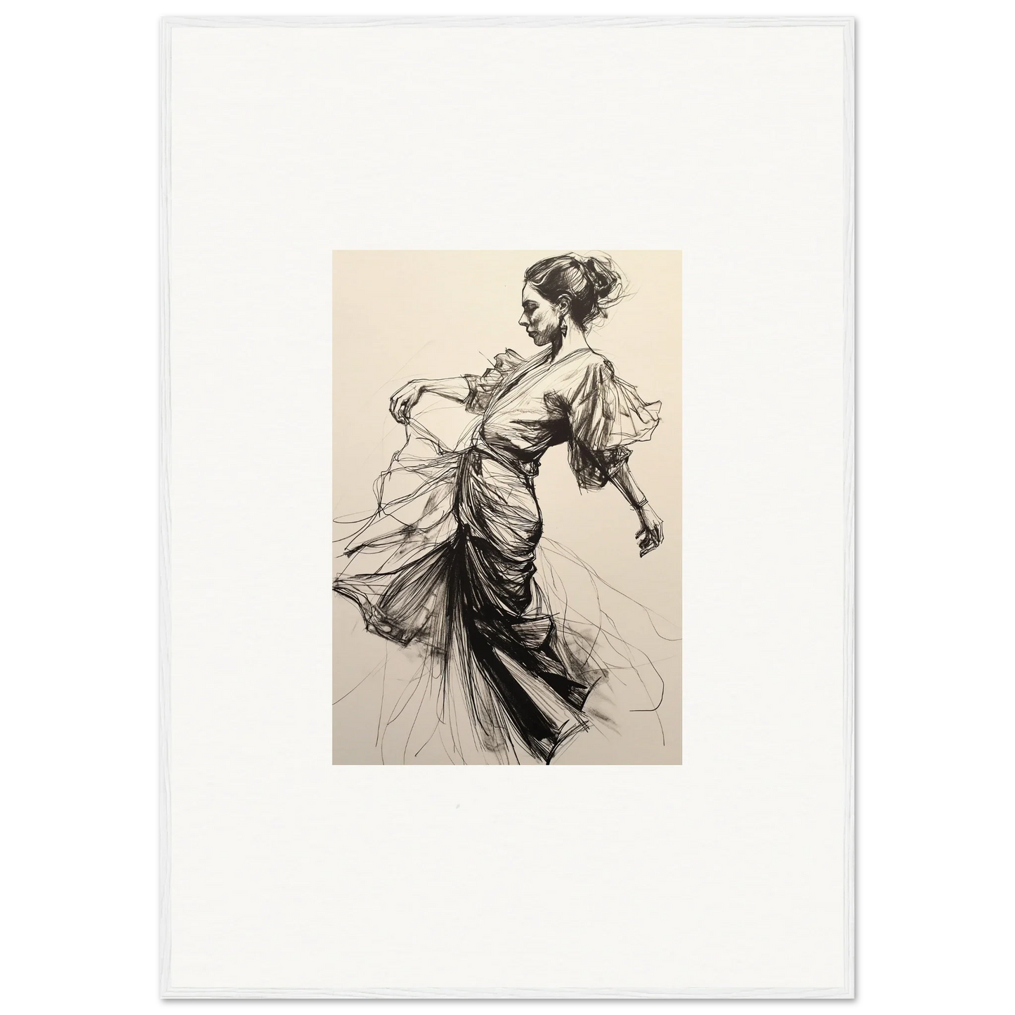 Elegant sketch of a woman in flowing dress for Midnight Dance Whispers premium framed wall art