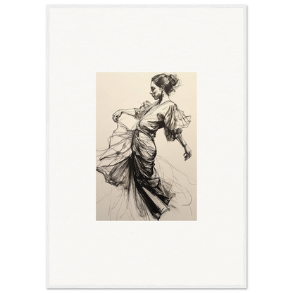 Elegant sketch of a woman in flowing dress for Midnight Dance Whispers premium framed wall art