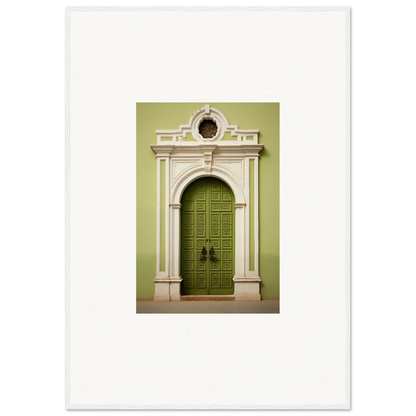 Ornate green wooden door with white archway in Verdant Sentry Whispers art™