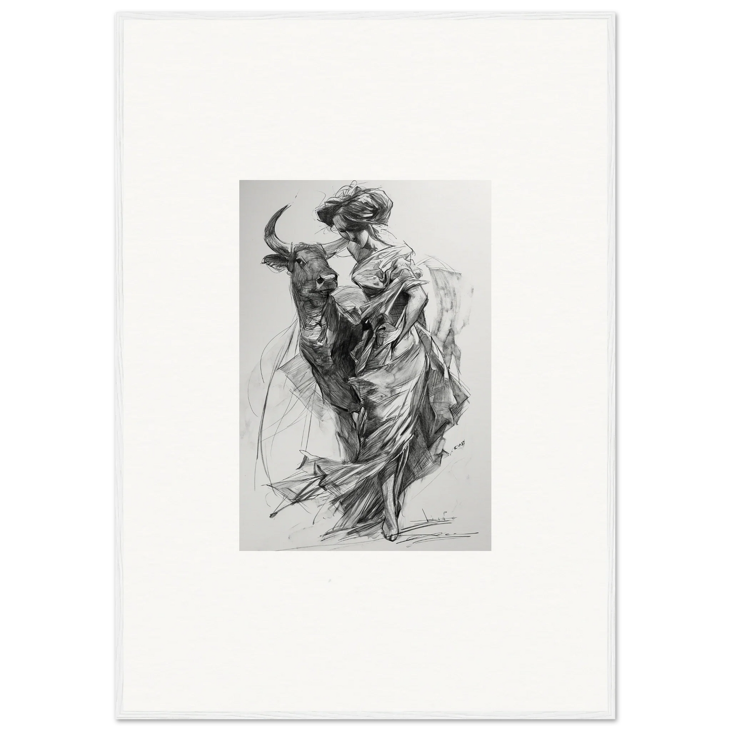 Black and white sketch of a figure in robes with a bull for Ebullient Abstract Liaisons