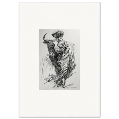 Black and white sketch of a figure in robes with a bull for Ebullient Abstract Liaisons