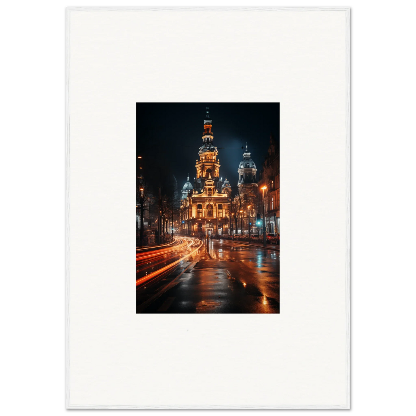 Illuminated historic church with ornate towers, part of Midnight Highway Mirage special edition art™