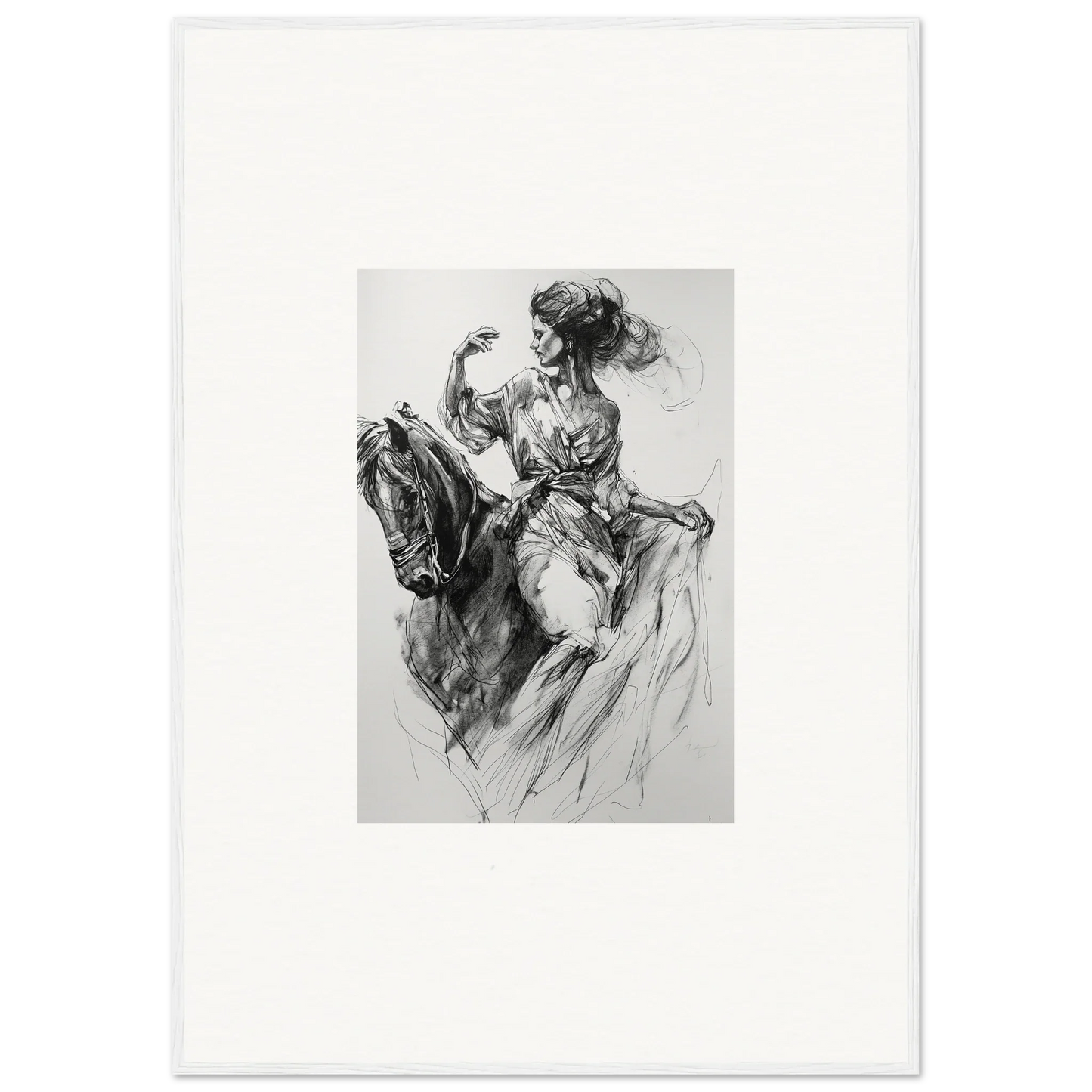 Expressive black and white sketch of a horse and rider for Ephemeral Journey Grafikermania