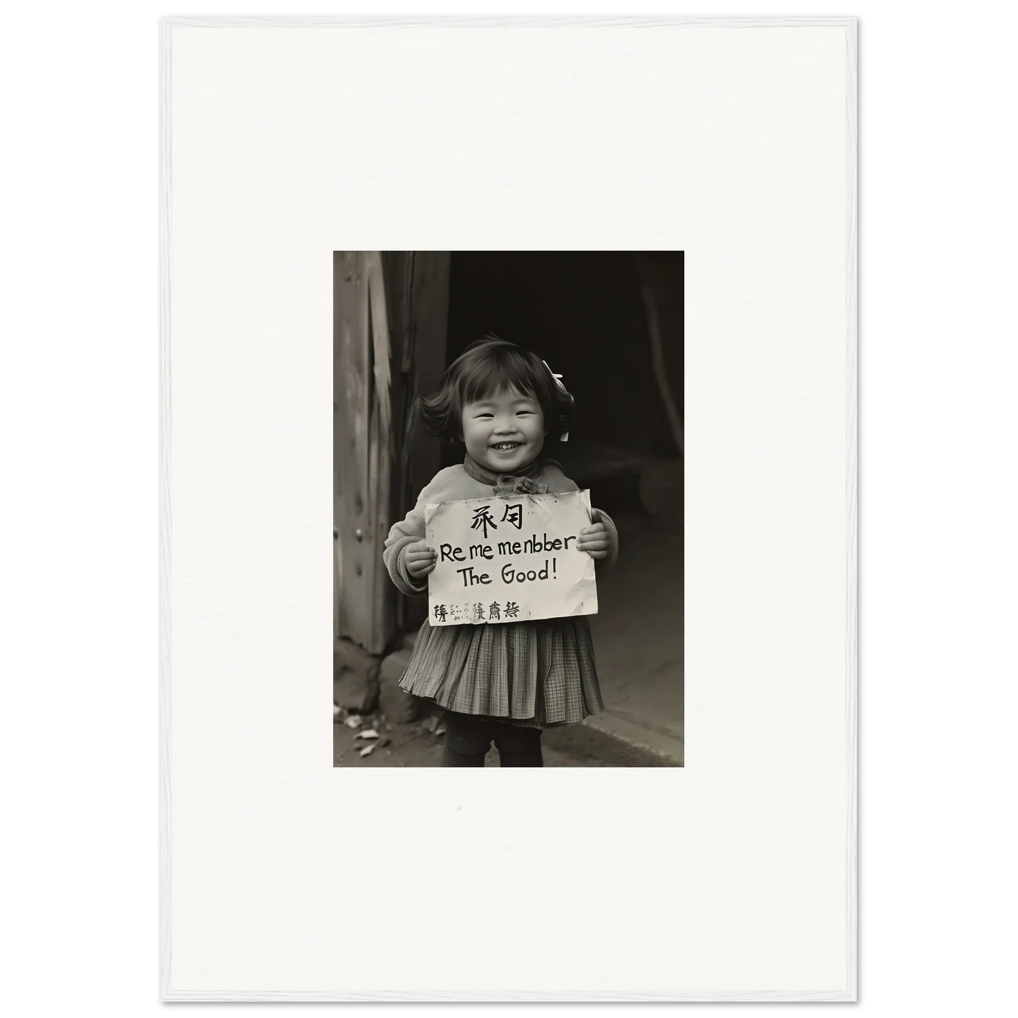 Child holding a sign in Chinese and English for Ephemeral Joy Imbibed framed wall art