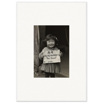 Child holding a sign in Chinese and English for Ephemeral Joy Imbibed framed wall art