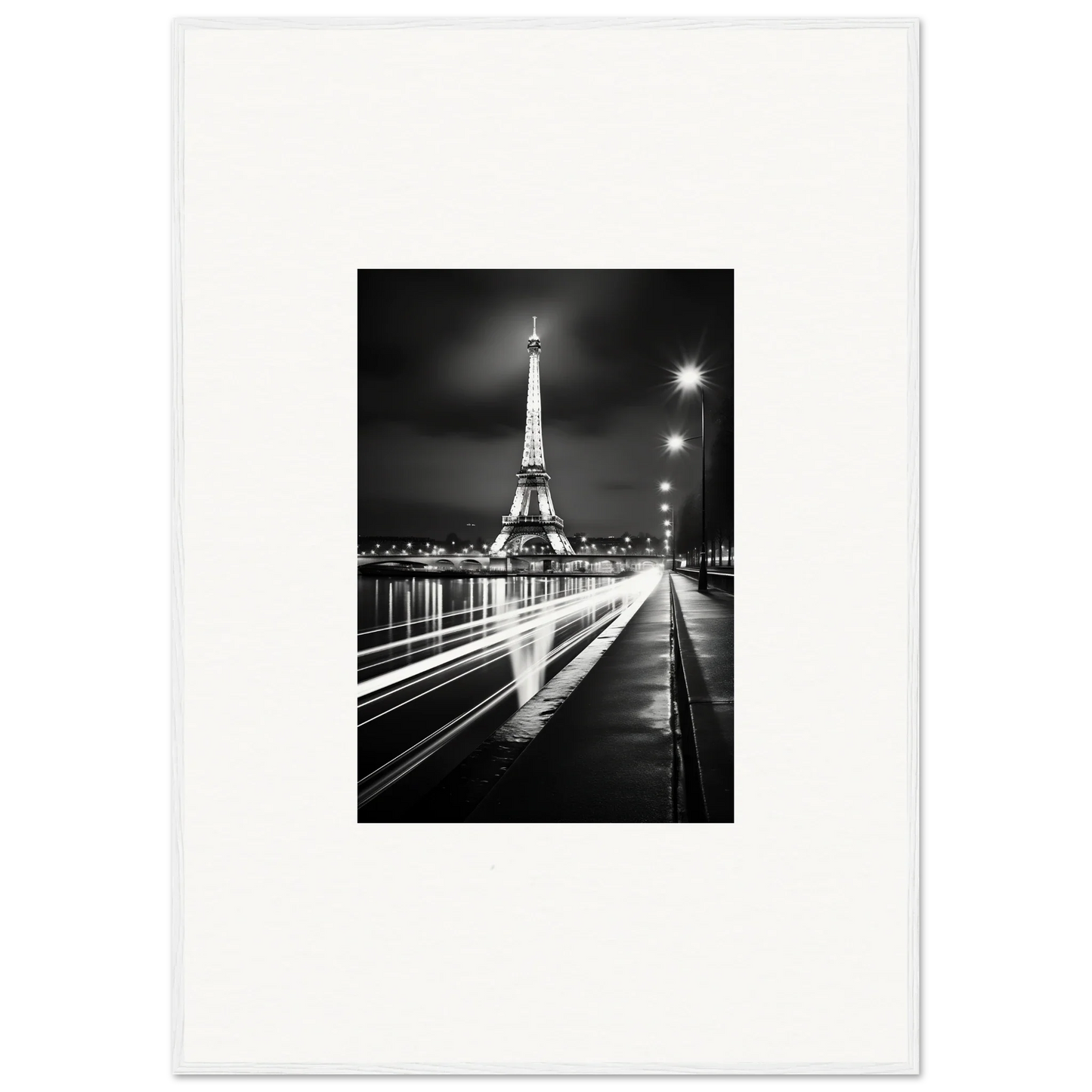 Illuminated Eiffel Tower in black and white for Ghosts of Luminosity premium framed wall art