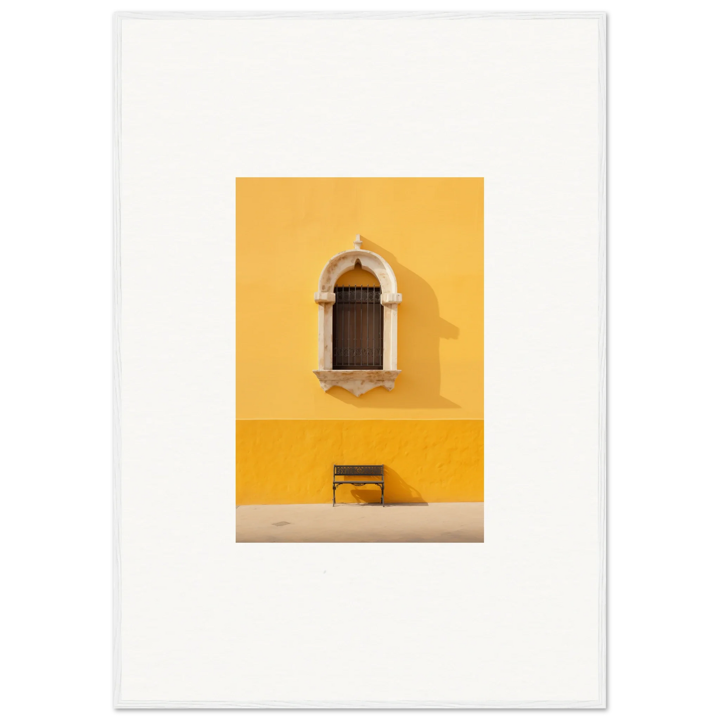 Wooden bench under arched window on yellow wall in Gapes of Gargoyles framed poster