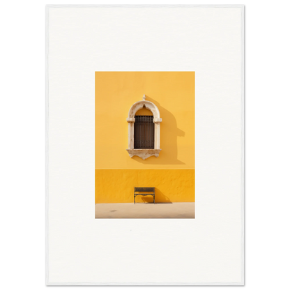 Wooden bench under arched window on yellow wall in Gapes of Gargoyles framed poster