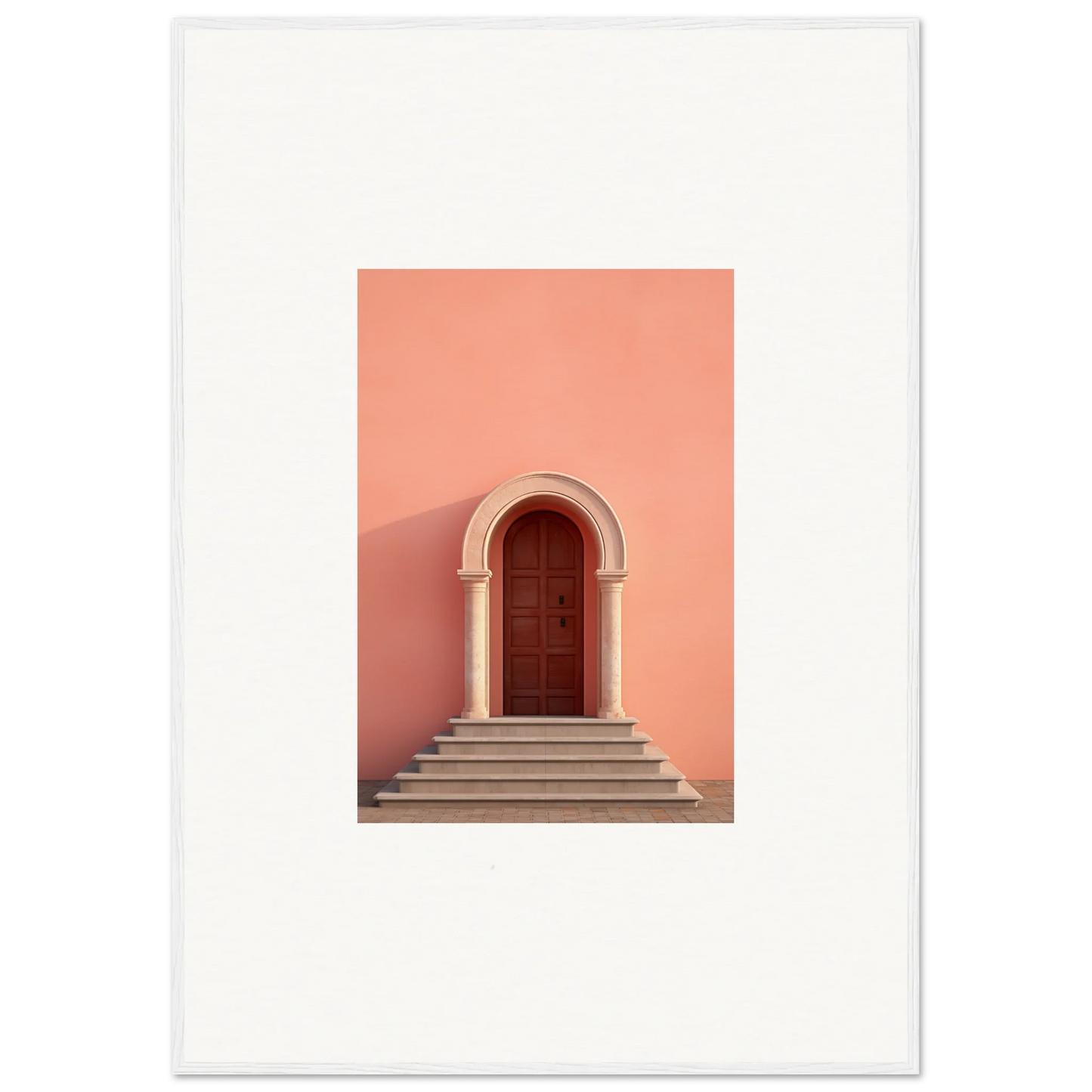 Arched wooden door on stone steps leading to an Ethereal Sunset Gateway wall