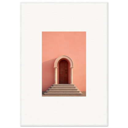 Arched wooden door on stone steps leading to an Ethereal Sunset Gateway wall