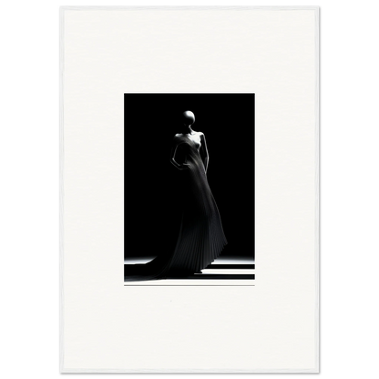 Elegant silhouette in flowing Echoes Velvet Mirage gown, captured in black and white