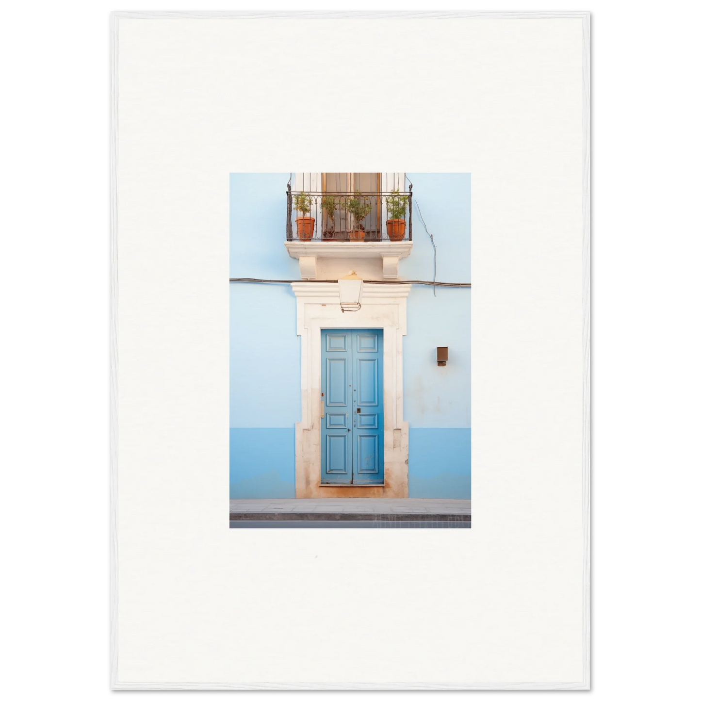 Light blue wooden door with white stone frame in Ethereal Azul Entrance art