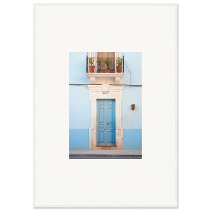 Light blue wooden door with white stone frame in Ethereal Azul Entrance art