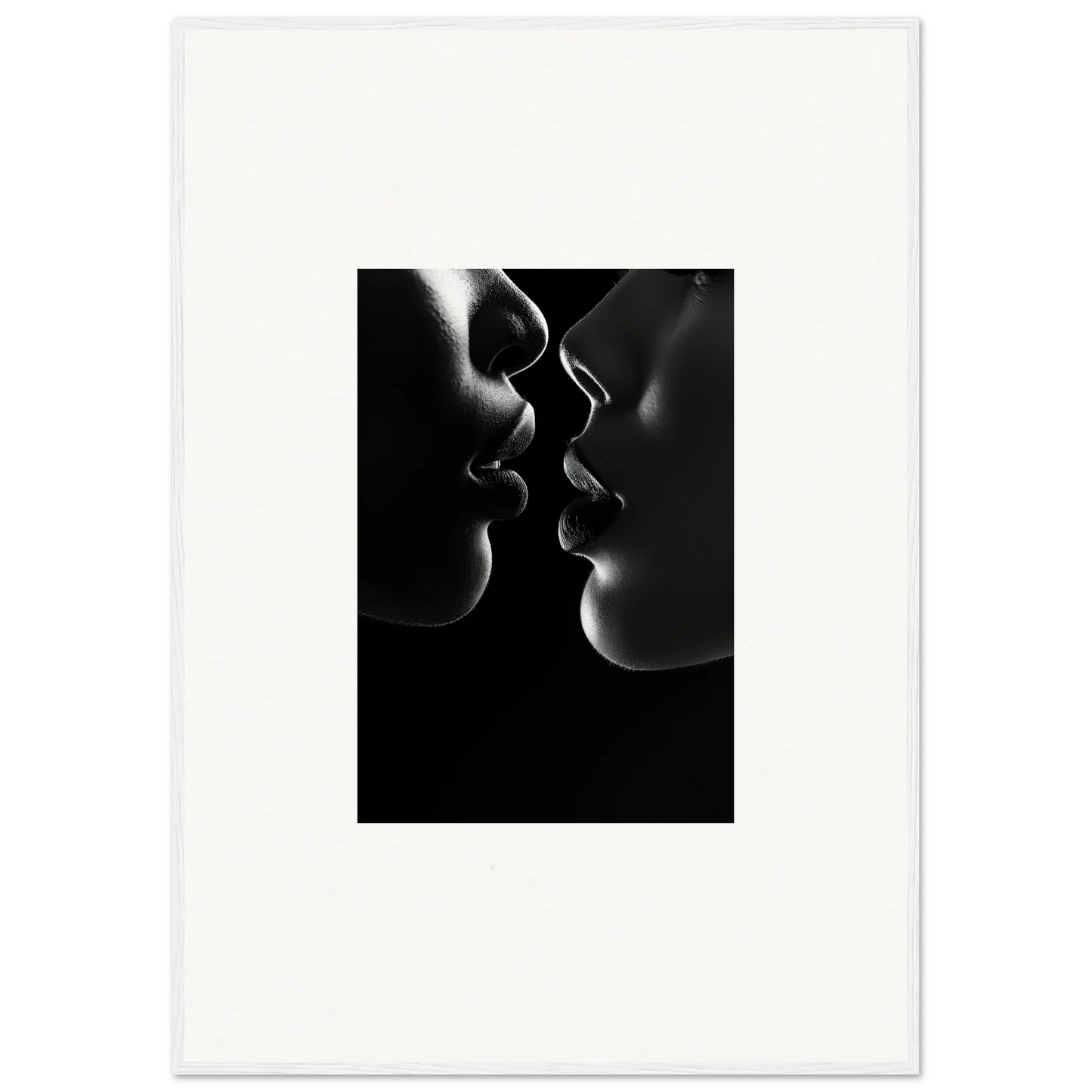 Silhouetted profiles about to kiss in dramatic black and white for Midnight Kiss Darkness art