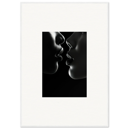 Silhouetted profiles about to kiss in dramatic black and white for Midnight Kiss Darkness art