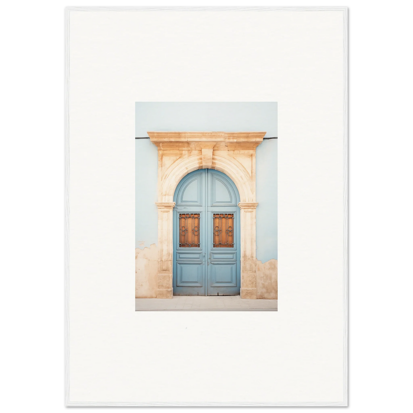 Light blue wooden door with arched stone frame in special edition art™ for wall decor