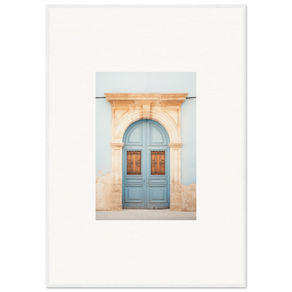 Light blue wooden door with arched stone frame in special edition art™ for wall decor