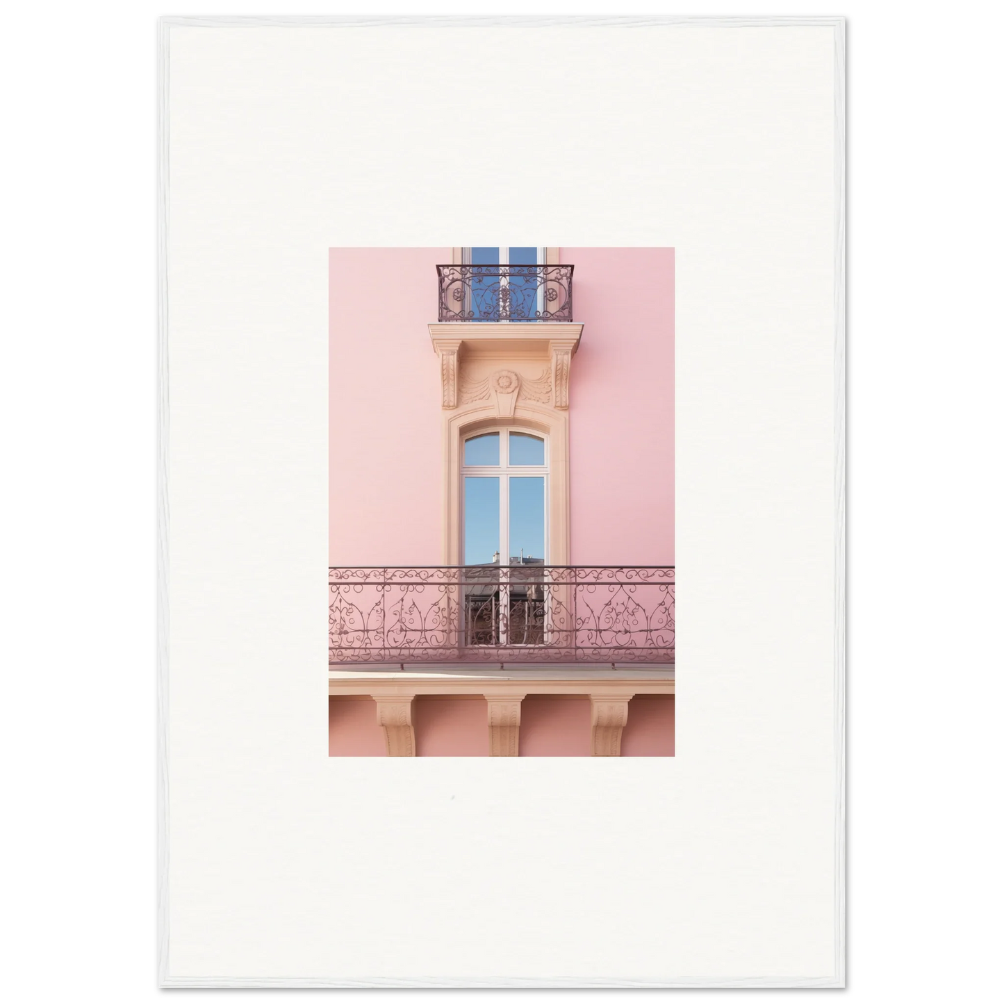 Elegant pink balcony with ornate railings from Dusky Dream Balustrade framed wall art