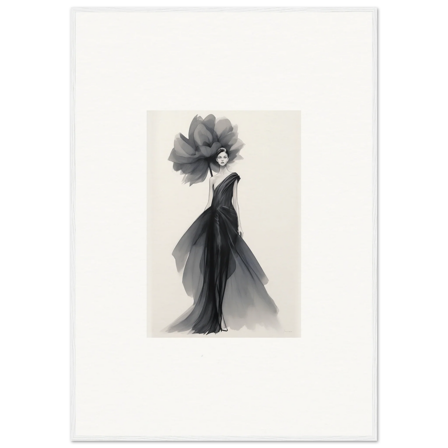 Elegant fashion illustration of a figure in black gown for Curtain Bloom Dance art