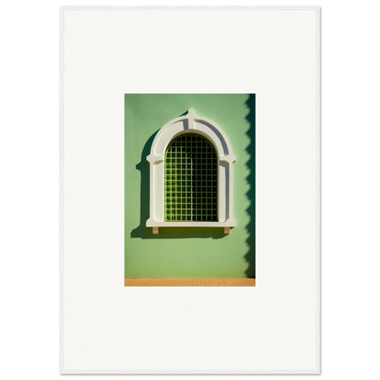 Arched Visible Equilibrium Window featuring decorative white trim and green grating