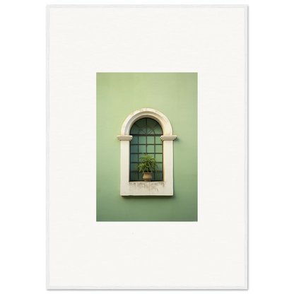 Arched window with white trim and potted plant in Eggshell PandæmonIA Bliss art