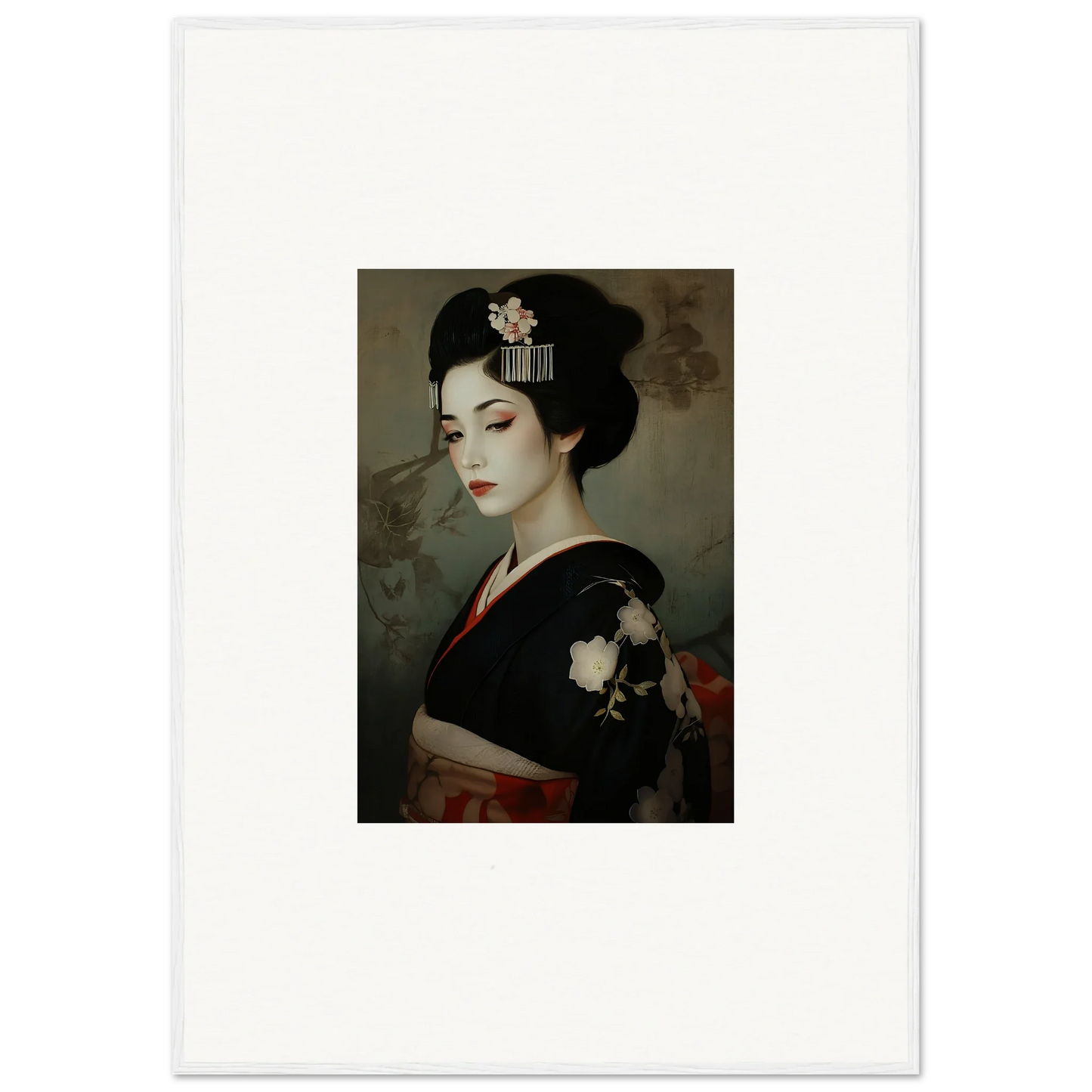 Portrait of a geisha in black kimono, a part of Cherry Dream Surrealism collection