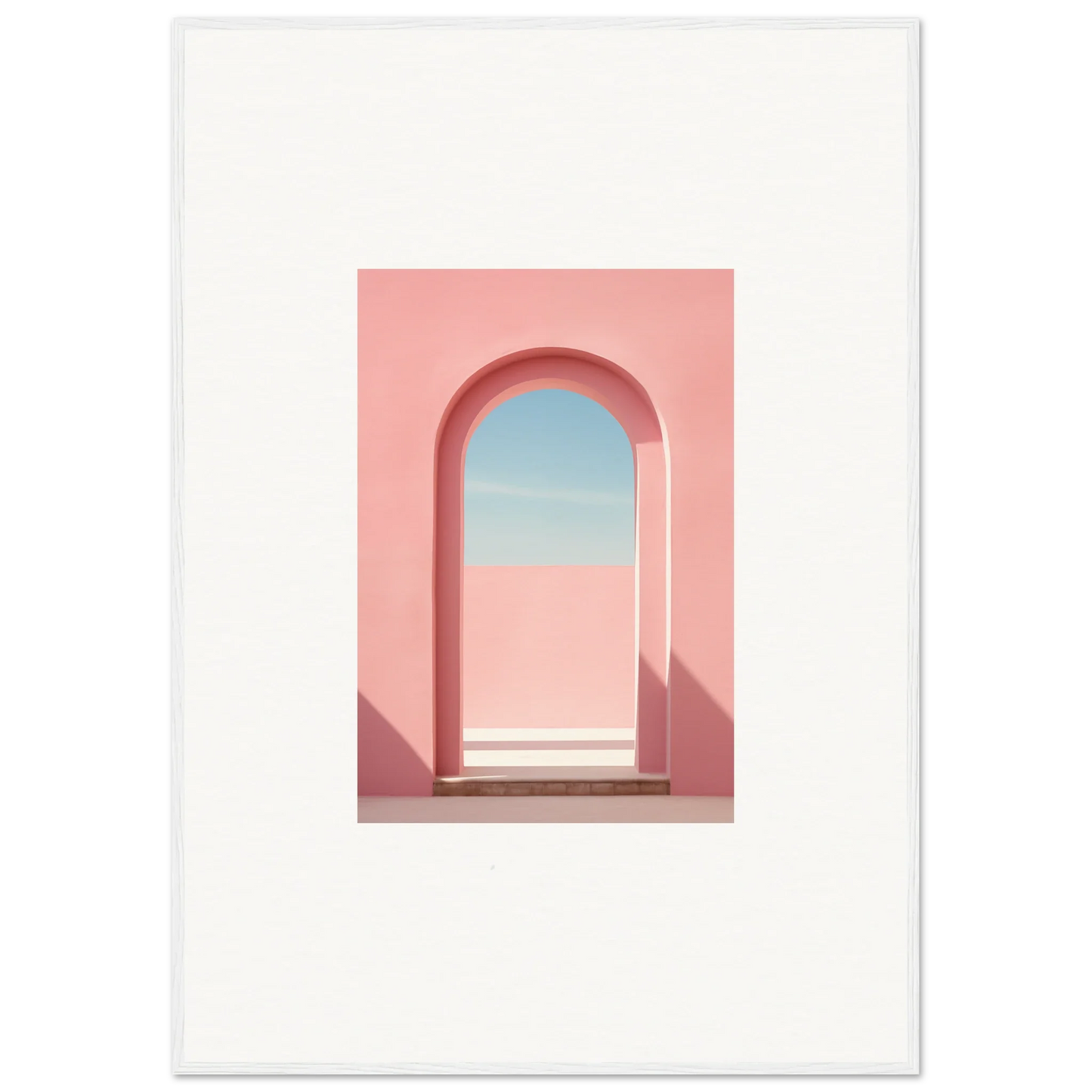 Pink arched doorway with blue sky view in Echo of Horizons framed posters art™