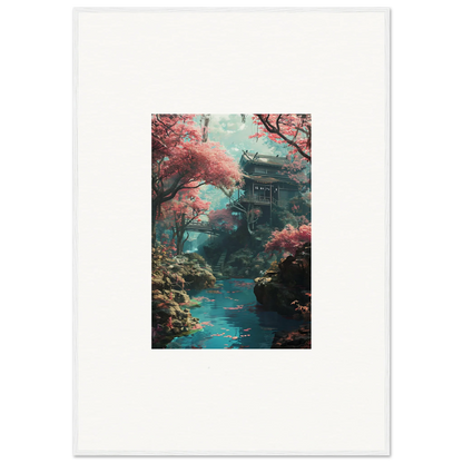 Traditional Japanese pagoda amid pink cherry blossoms and turquoise stream in framed wall art