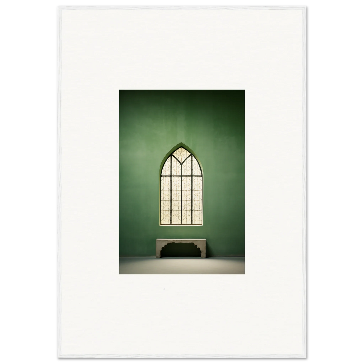 Gothic arched window with a bench, perfect for Evermind Greenthaum special edition art™