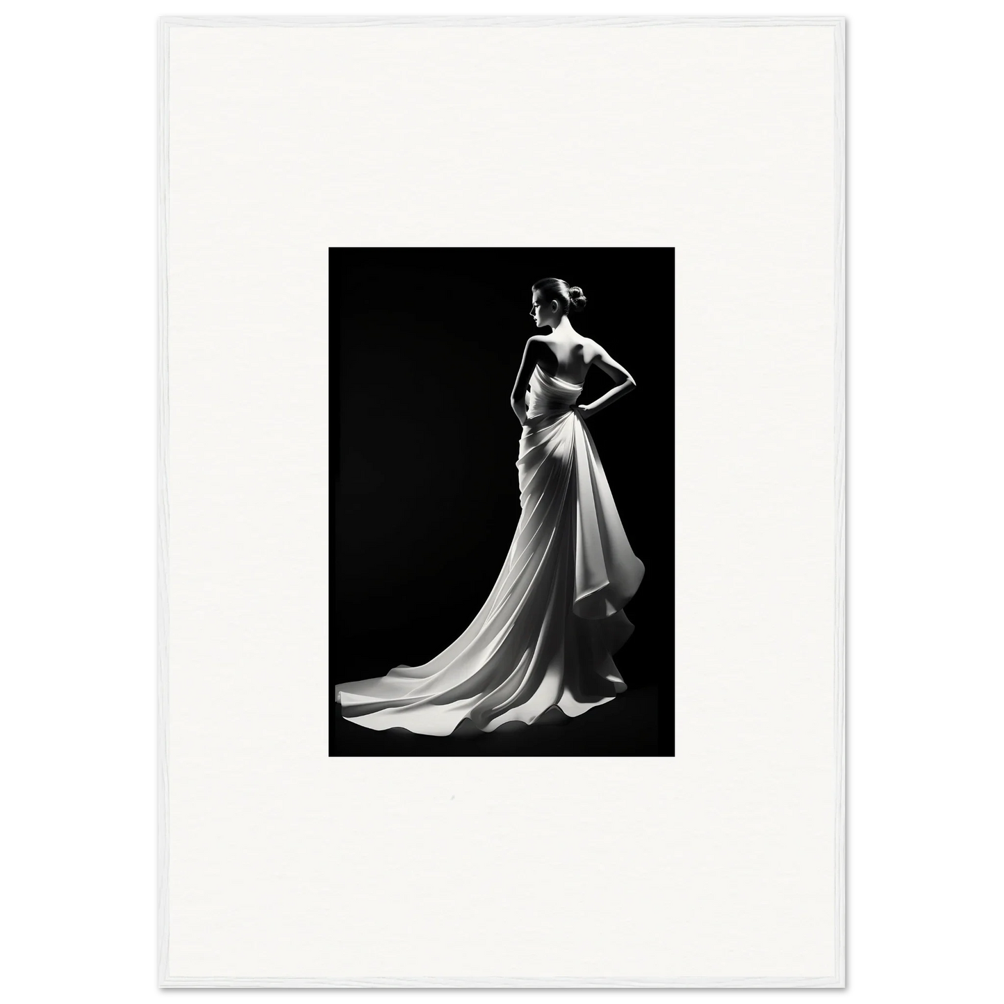 Elegant white gown in dramatic black and white, showcasing ephemeral grayscale elegance