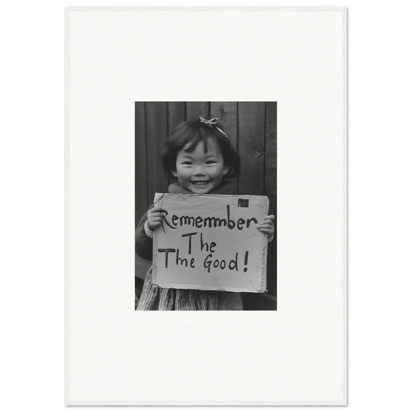 Black and white photo of a child with a sign saying Remember The Good in Timeless Joy Parade framed wall art