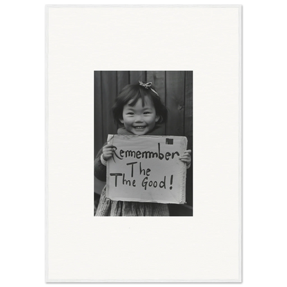 Black and white photo of a child with a sign saying Remember The Good in Timeless Joy Parade framed wall art