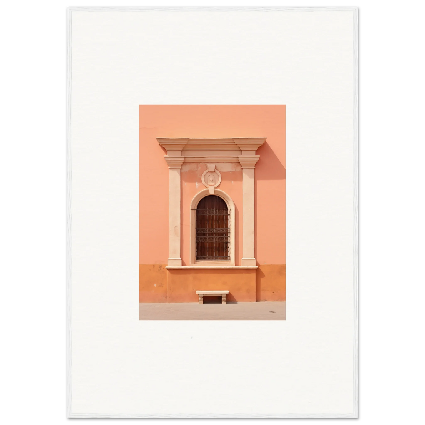 Ornate arched window with columns on peach wall from Silent Sunset Oblique framed wall art