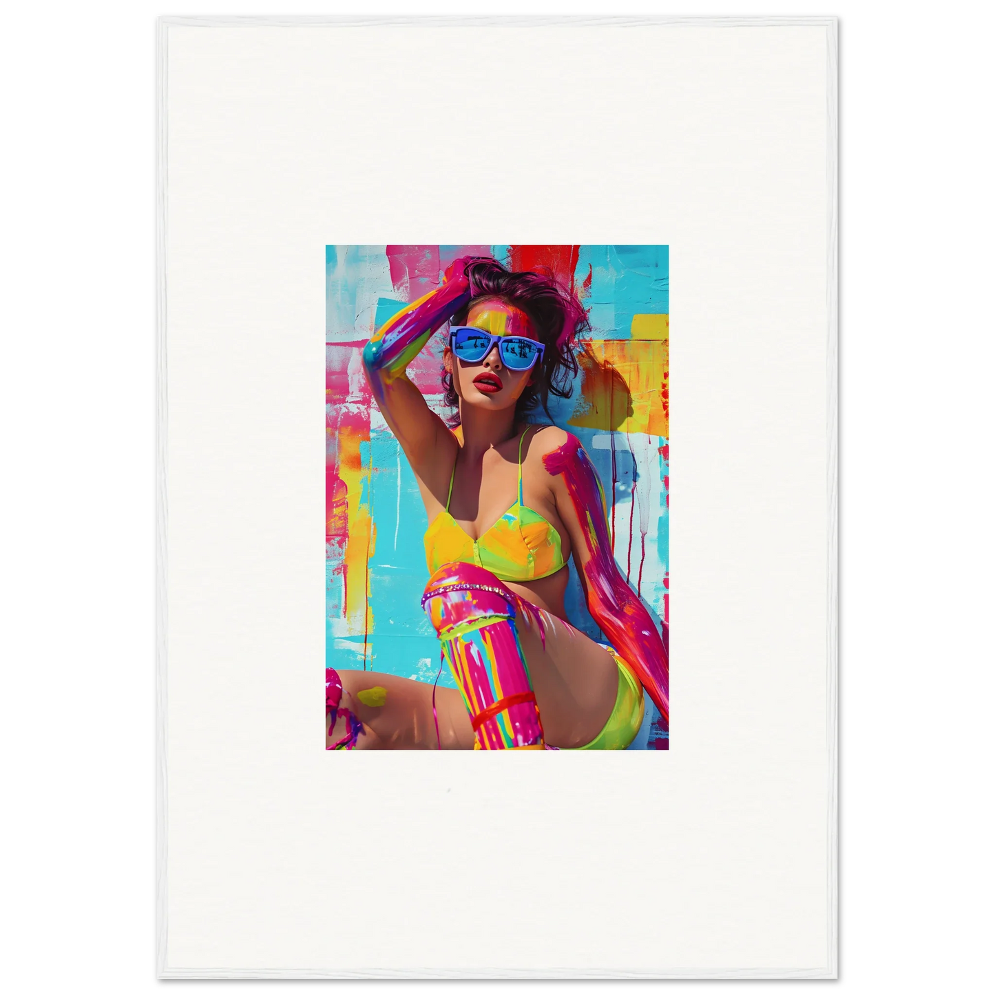 Vibrant pop art canvas print of a woman in summer attire for cool room decoration