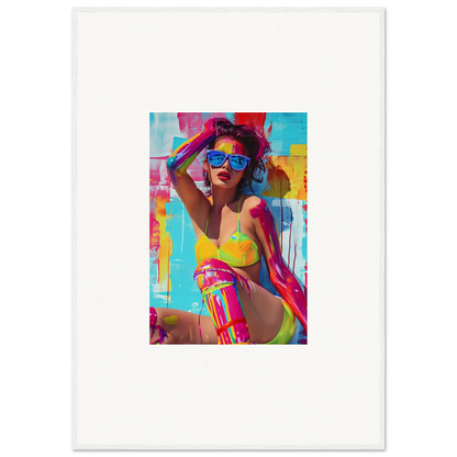 Vibrant pop art canvas print of a woman in summer attire for cool room decoration