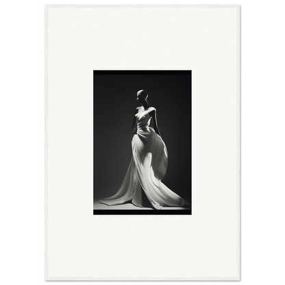 Elegant black and white shot of Gossamer Ivory Whispers evening gown with flowing fabric