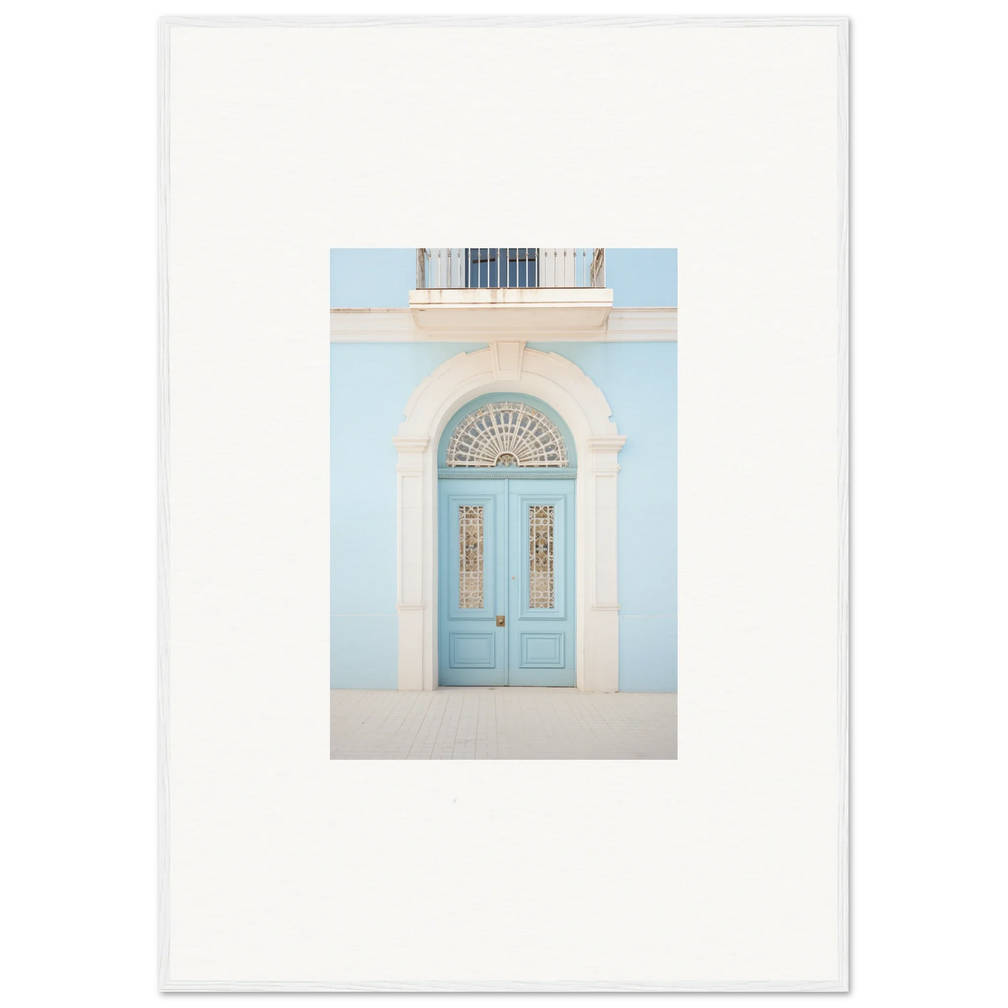 Light blue arched door with ornate panels in Delphinium Dream Portal framed wall art