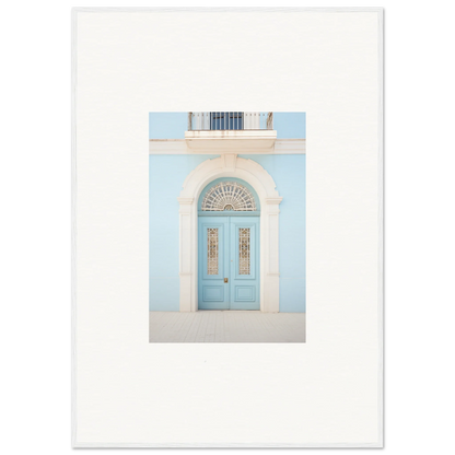 Light blue arched door with ornate panels in Delphinium Dream Portal framed wall art