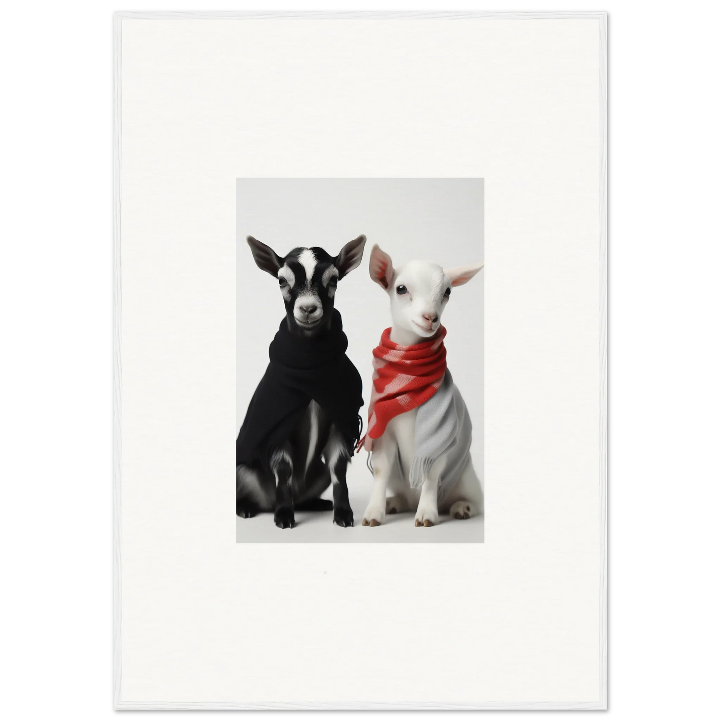 Two cute goats, one black and white and one in a red bandana, for Rainbow Twin Dreams