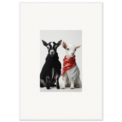 Two cute goats, one black and white and one in a red bandana, for Rainbow Twin Dreams