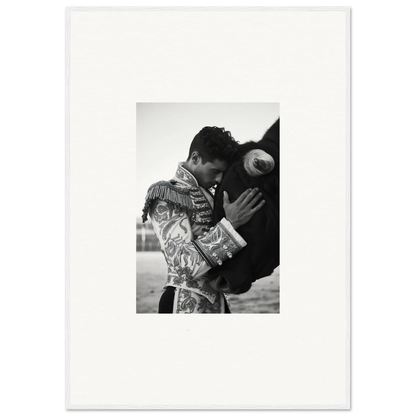 Black and white photo of a matador embracing a bull for Triumphant Shadows Embrace