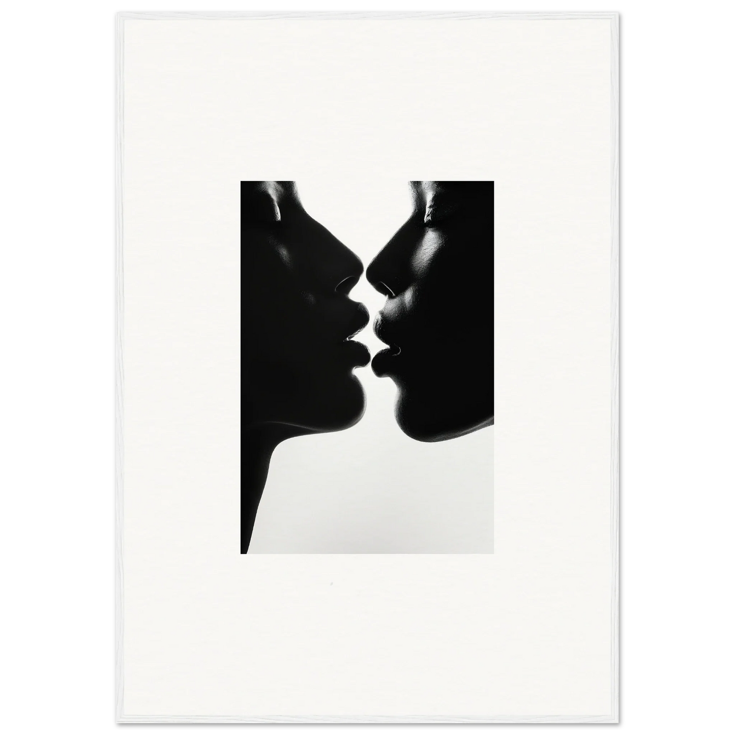 Silhouetted profiles about to kiss in Luminous Midnight Kiss framed wall art