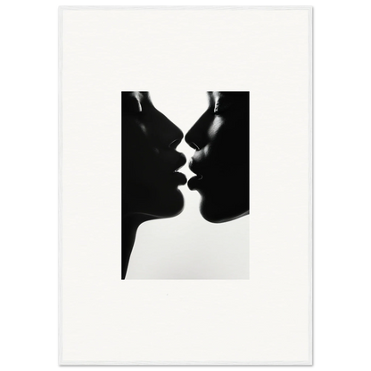 Silhouetted profiles about to kiss in Luminous Midnight Kiss framed wall art