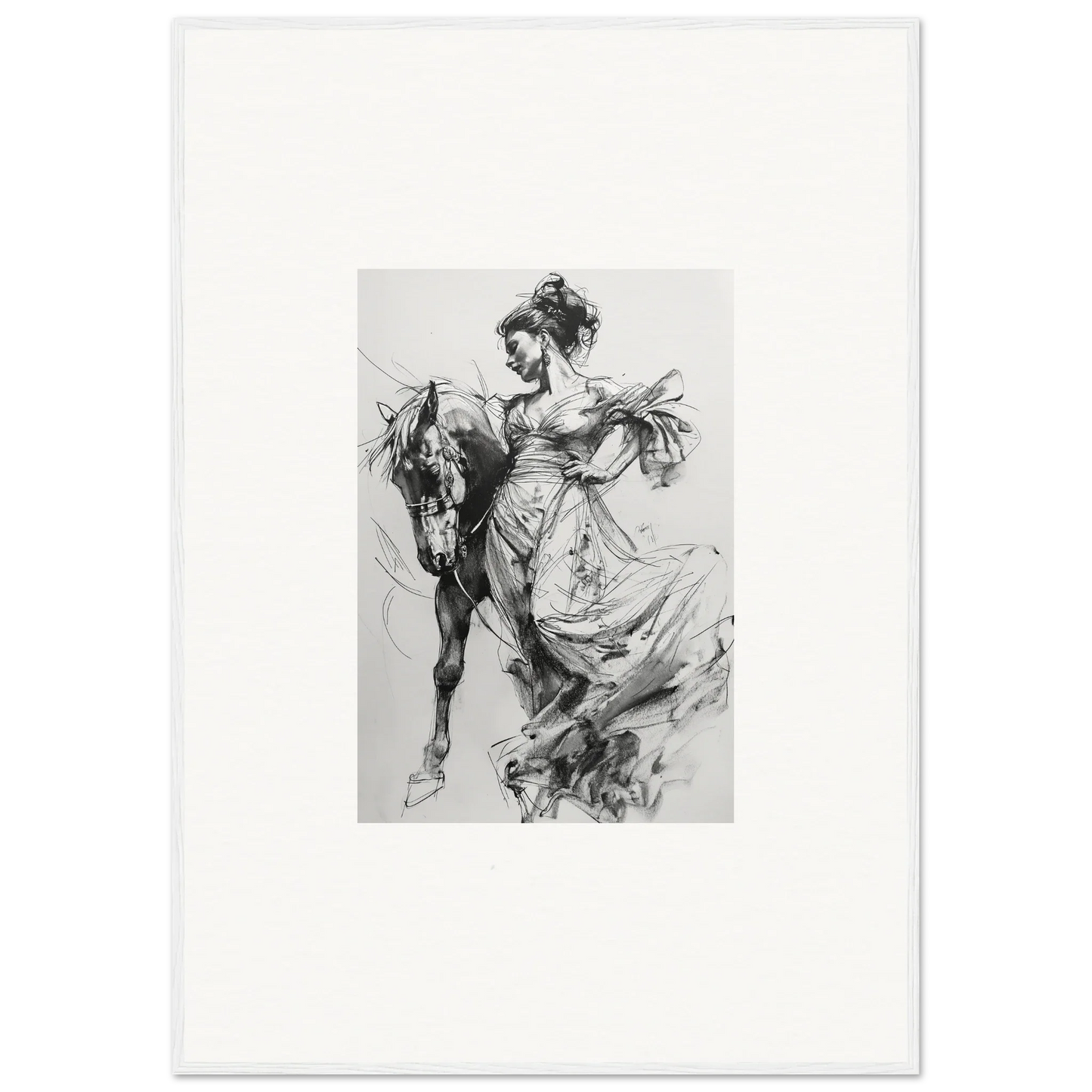 Dynamic black and white horse and rider sketch from Thoughts Unbridled Dance framed art