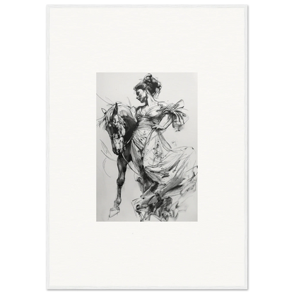 Dynamic black and white horse and rider sketch from Thoughts Unbridled Dance framed art