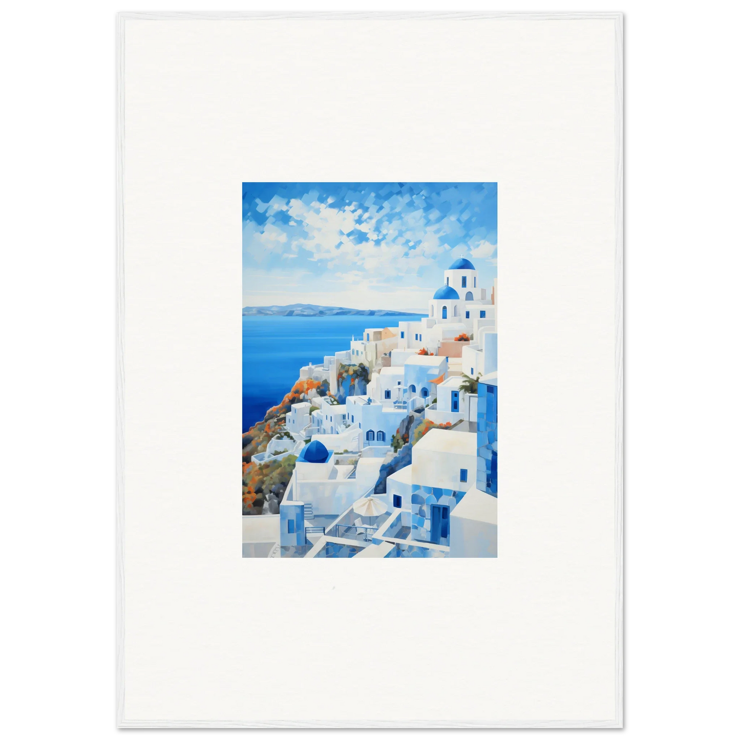 Framed watercolor painting of Santorini in premium framed wall decor from Serendipity Through Sparrows