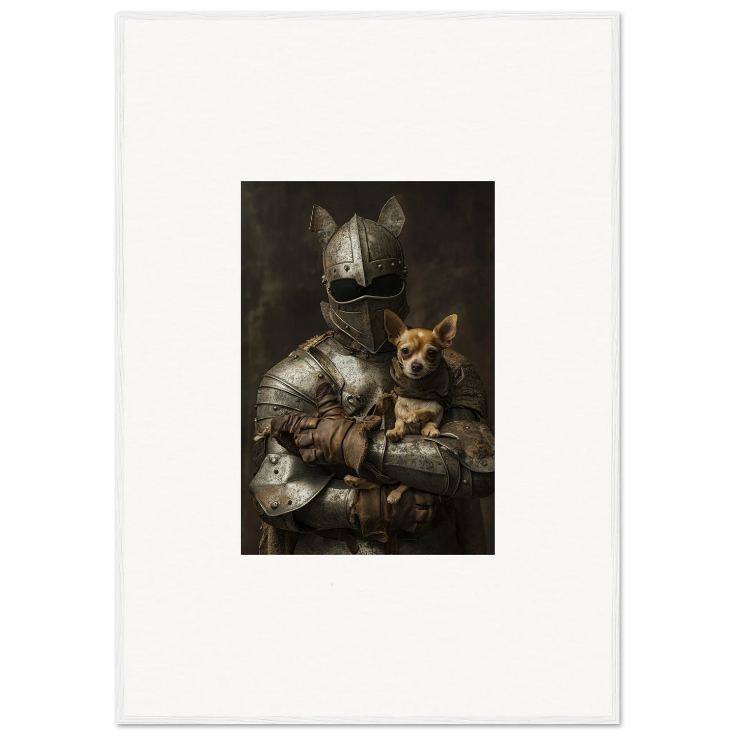 Medieval knight in armor cuddling a small dog from Serene Steel Whispers art