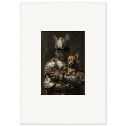 Medieval knight in armor cuddling a small dog from Serene Steel Whispers art